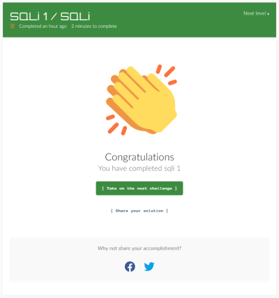 Screenshot of the SQLInjection challenge succeeded