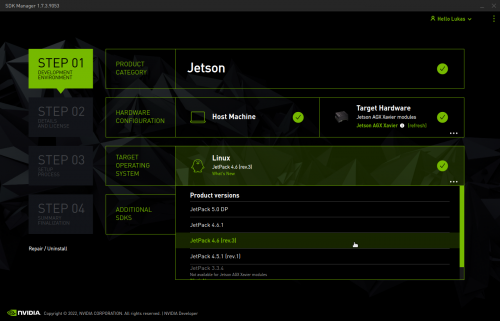 Nvidia SDK Manager Choose JetPack Version